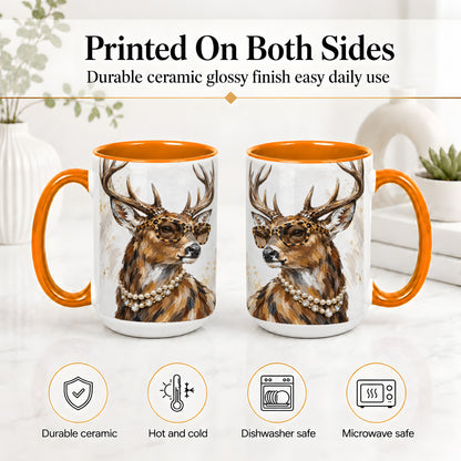 #pl[15oz|Orange] Preppy Deer Ceramic Mug, Leopard Glasses Animal Portrait Artwork