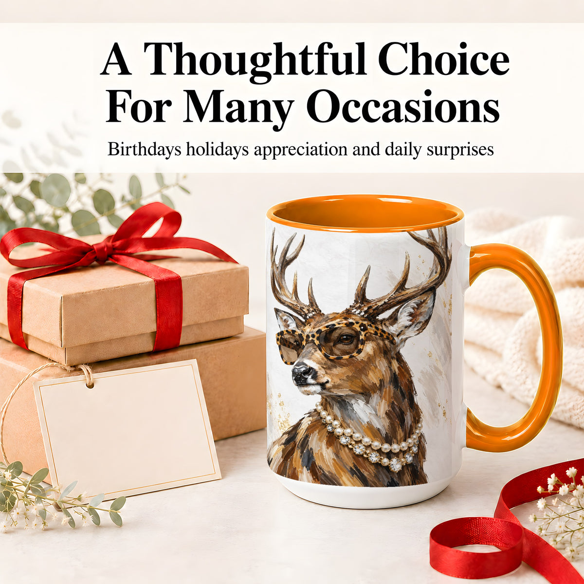 #pl[15oz|Orange] Preppy Deer Ceramic Mug, Leopard Glasses Animal Portrait Artwork