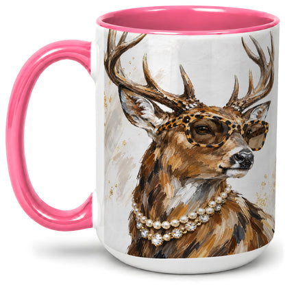 #pl[15oz|Pink] Preppy Deer Ceramic Mug, Leopard Glasses Animal Portrait Artwork