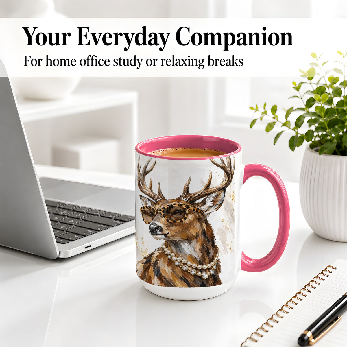 #pl[15oz|Pink] Preppy Deer Ceramic Mug, Leopard Glasses Animal Portrait Artwork