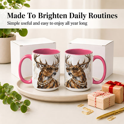 #pl[15oz|Pink] Preppy Deer Ceramic Mug, Leopard Glasses Animal Portrait Artwork