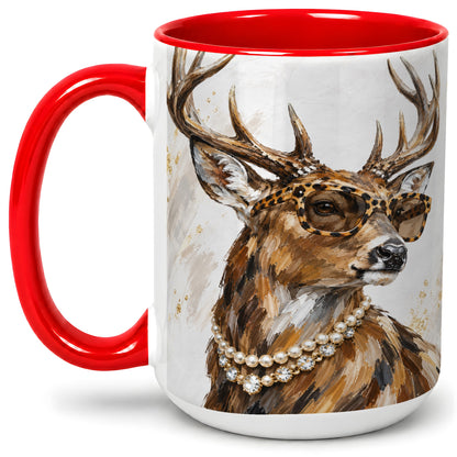 #pl[15oz|Red] Preppy Deer Ceramic Mug, Leopard Glasses Animal Portrait Artwork