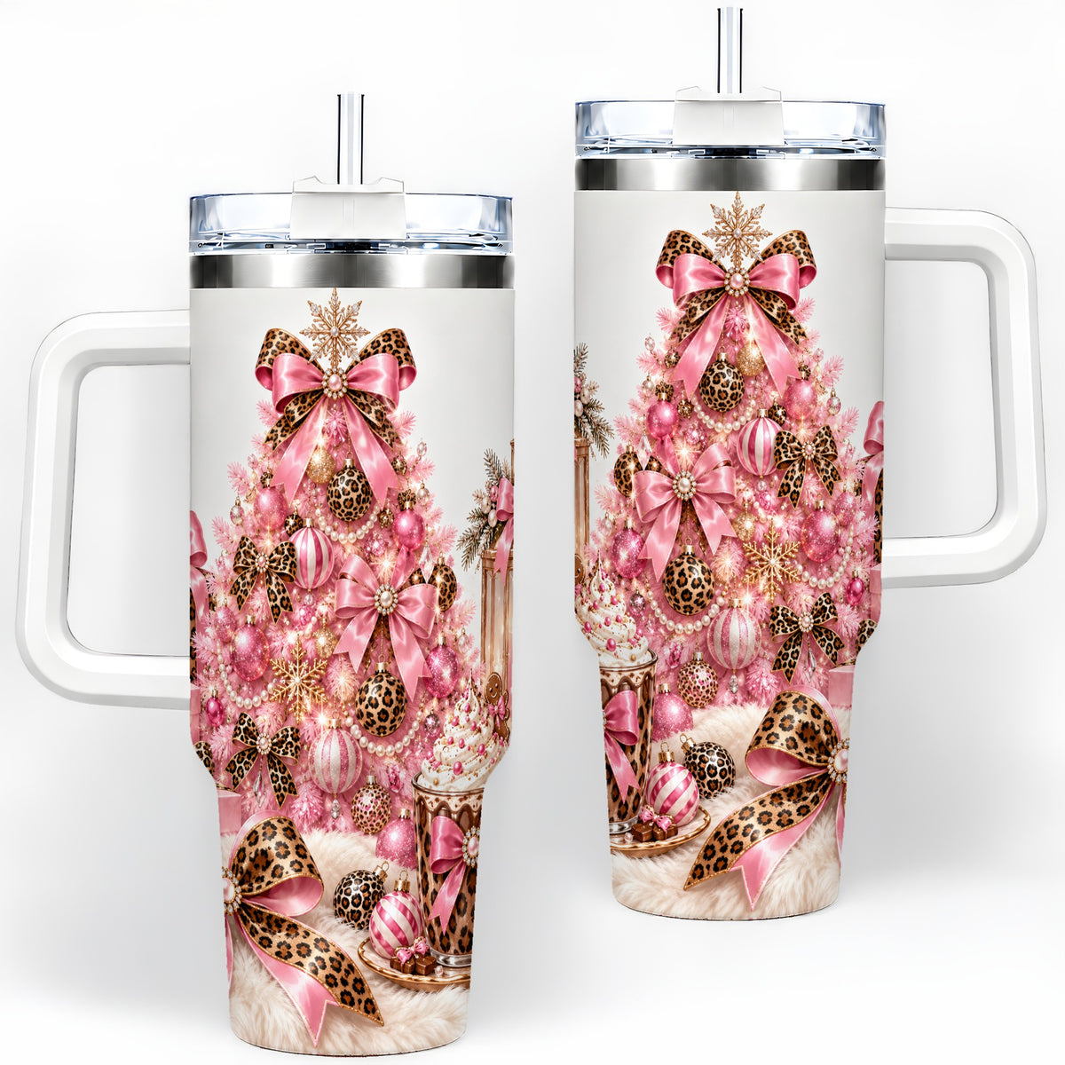 Pink Leopard Christmas 40oz Stainless Steel Tumbler, Tree Artwork