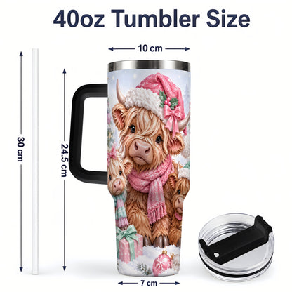 #pl[40oz|Black] Highland Cow Christmas 40oz Stainless Steel Tumbler, Pink Artwork
