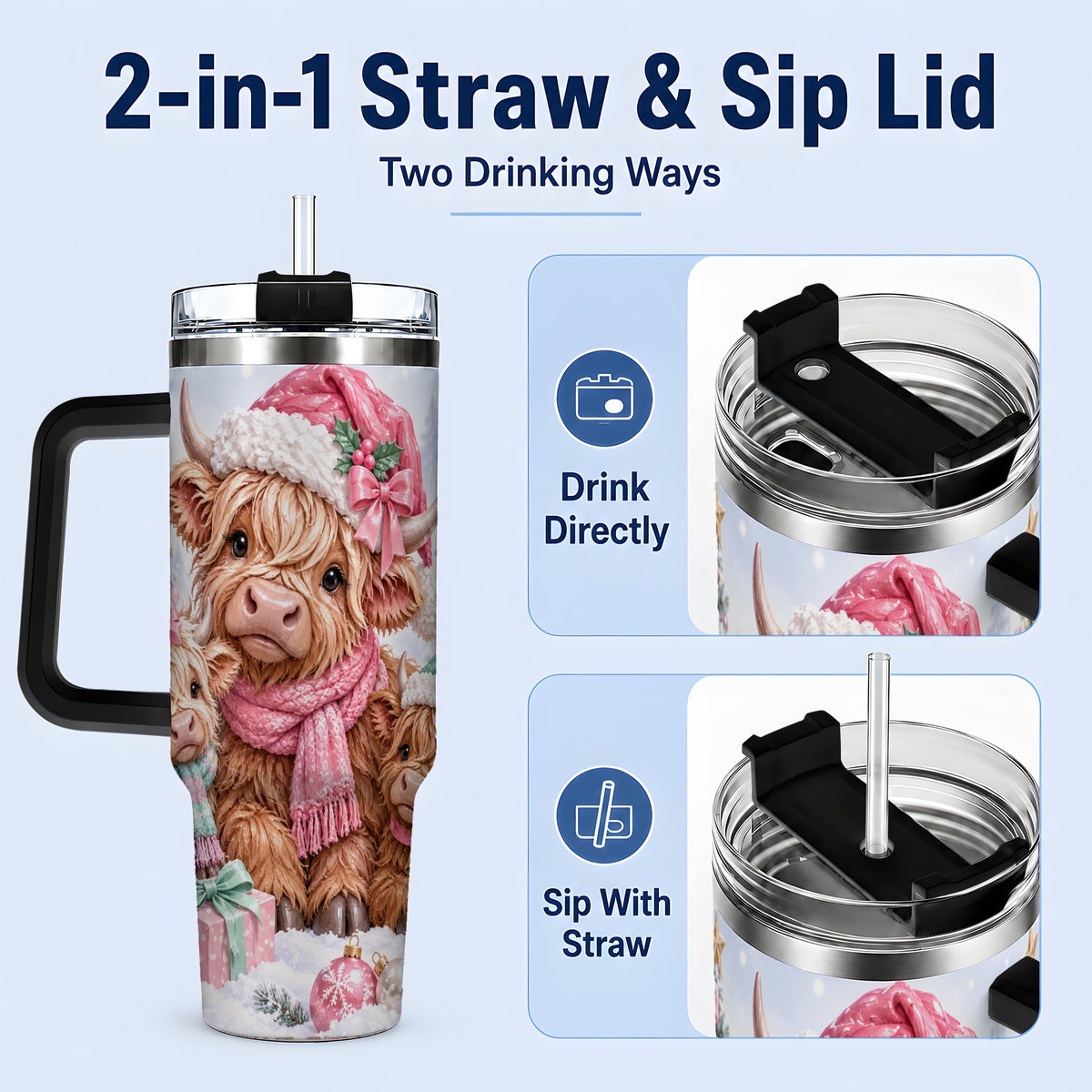 #pl[40oz|Black] Highland Cow Christmas 40oz Stainless Steel Tumbler, Pink Artwork