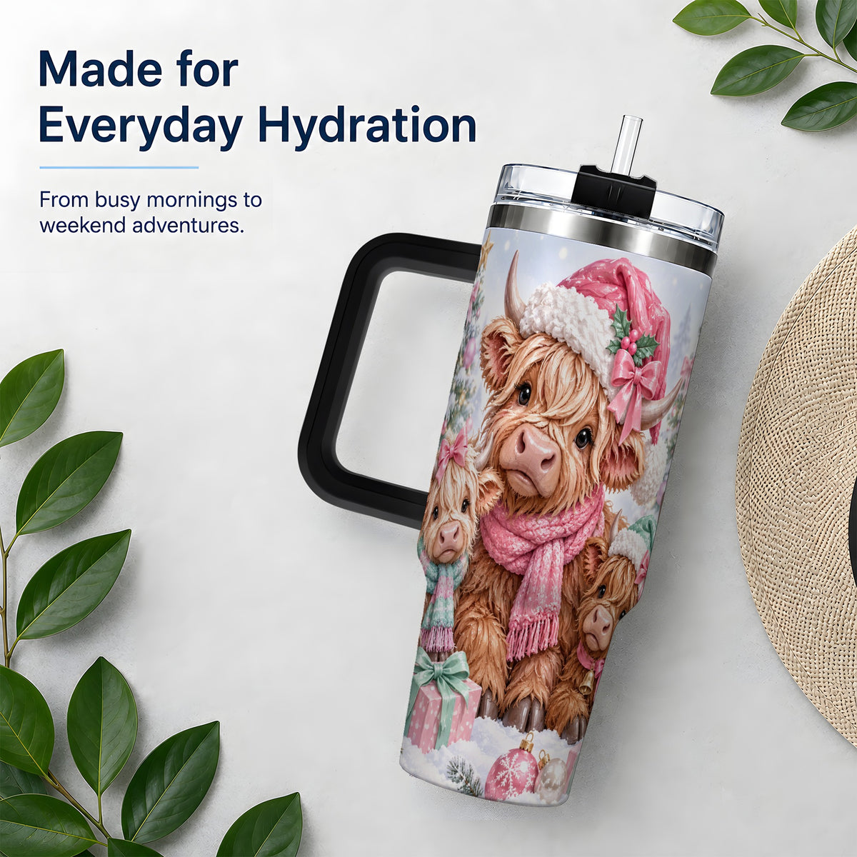 #pl[40oz|Black] Highland Cow Christmas 40oz Stainless Steel Tumbler, Pink Artwork