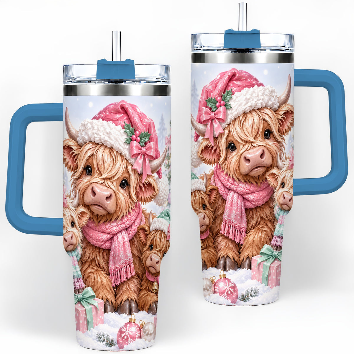 #pl[40oz|Blue] Highland Cow Christmas 40oz Stainless Steel Tumbler, Pink Artwork