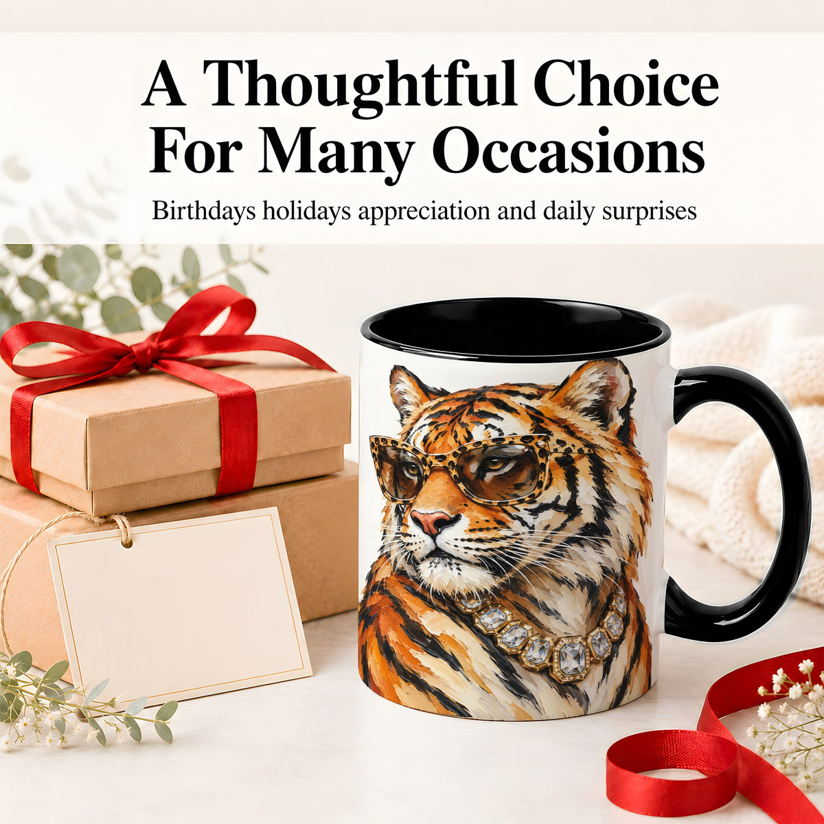 #pl[11oz|Black] Preppy Tiger Ceramic Mug, Leopard Glasses Wildlife Portrait Art