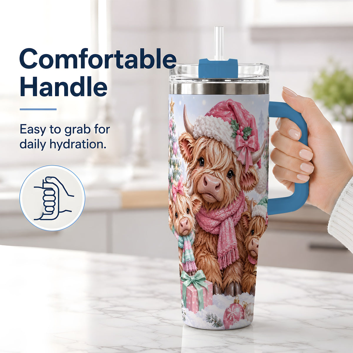 #pl[40oz|Blue] Highland Cow Christmas 40oz Stainless Steel Tumbler, Pink Artwork