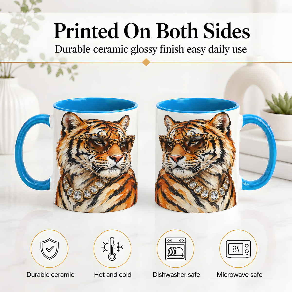 #pl[11oz|Blue] Preppy Tiger Ceramic Mug, Leopard Glasses Wildlife Portrait Art