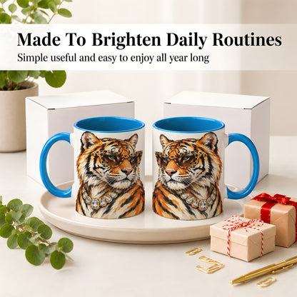 #pl[11oz|Blue] Preppy Tiger Ceramic Mug, Leopard Glasses Wildlife Portrait Art