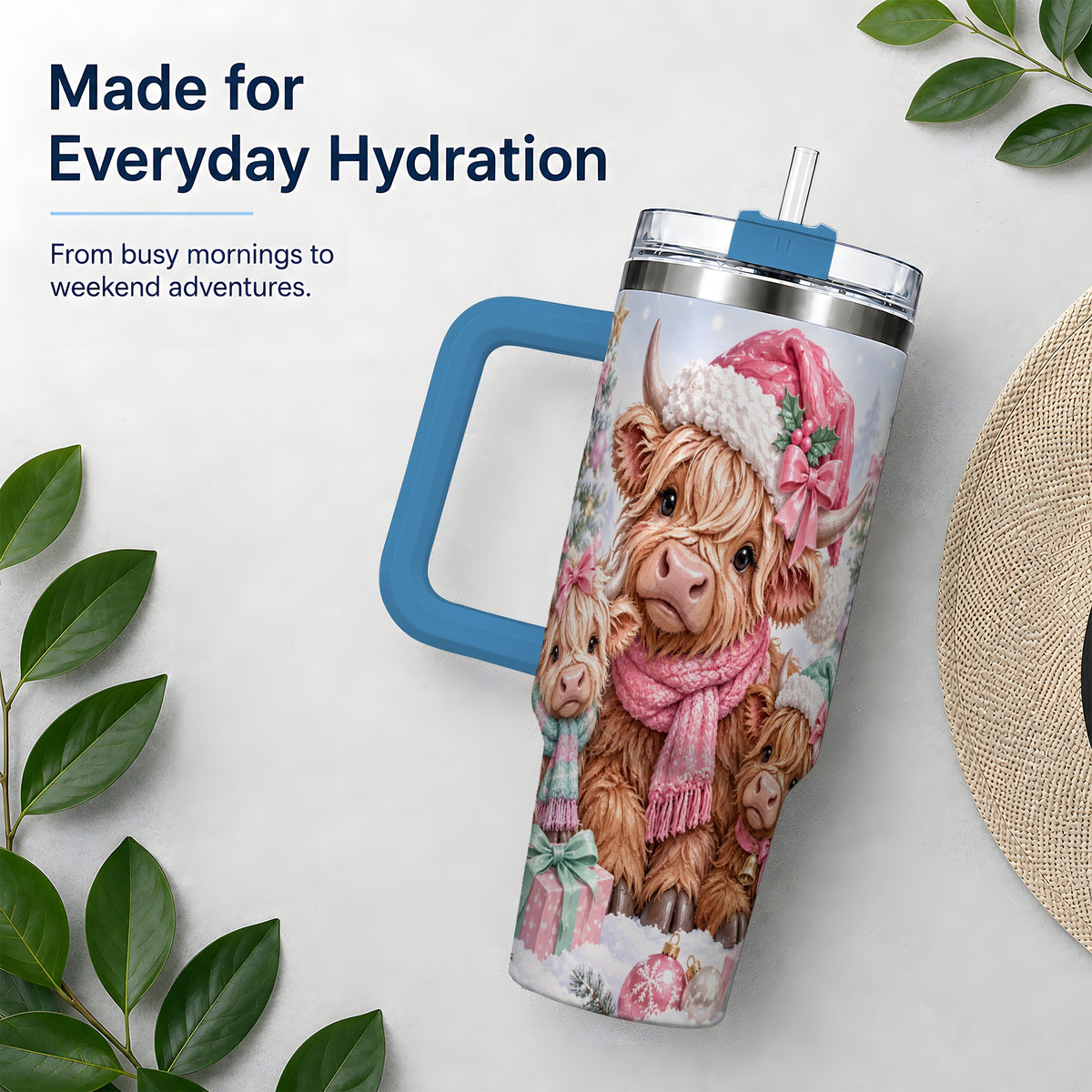 #pl[40oz|Blue] Highland Cow Christmas 40oz Stainless Steel Tumbler, Pink Artwork