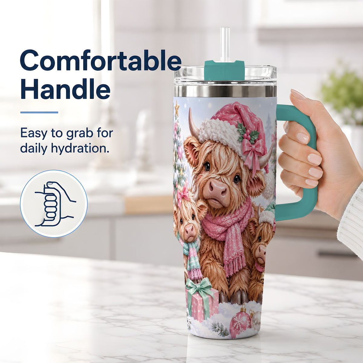 #pl[40oz|Green] Highland Cow Christmas 40oz Stainless Steel Tumbler, Pink Artwork