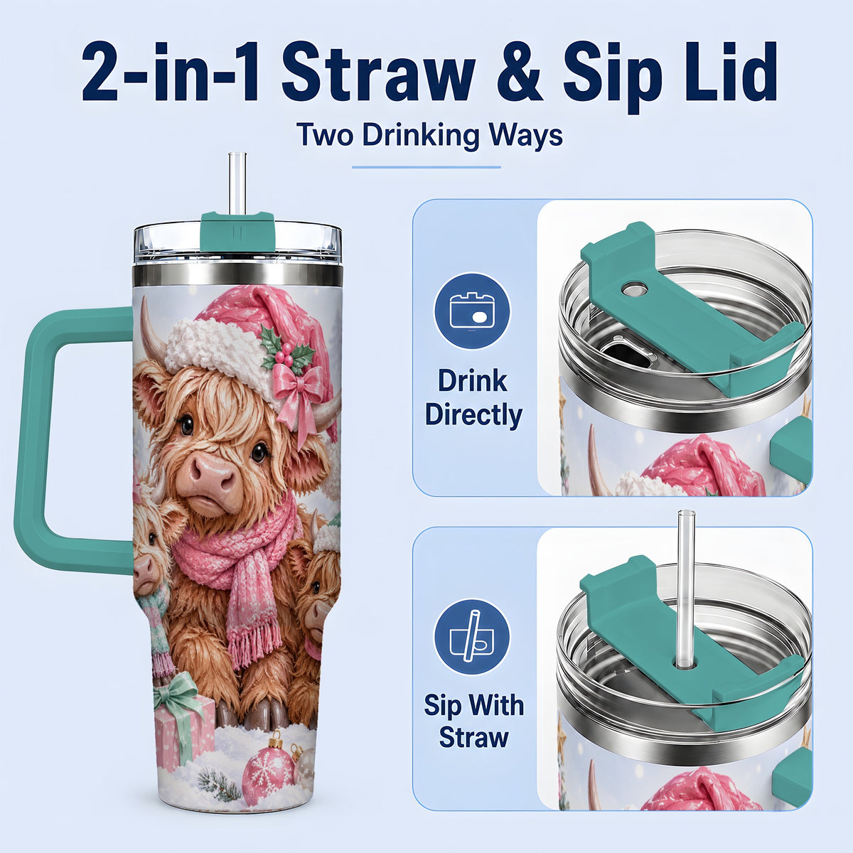 #pl[40oz|Green] Highland Cow Christmas 40oz Stainless Steel Tumbler, Pink Artwork