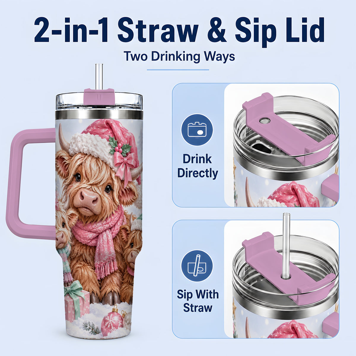 #pl[40oz|Pink] Highland Cow Christmas 40oz Stainless Steel Tumbler, Pink Artwork