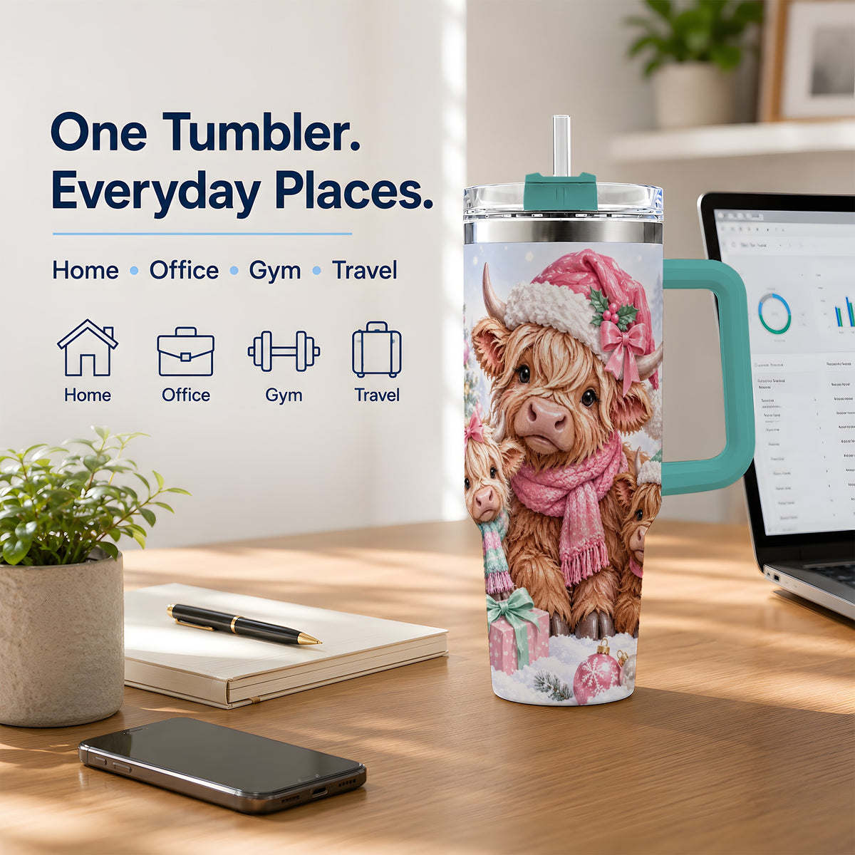 #pl[40oz|Green] Highland Cow Christmas 40oz Stainless Steel Tumbler, Pink Artwork