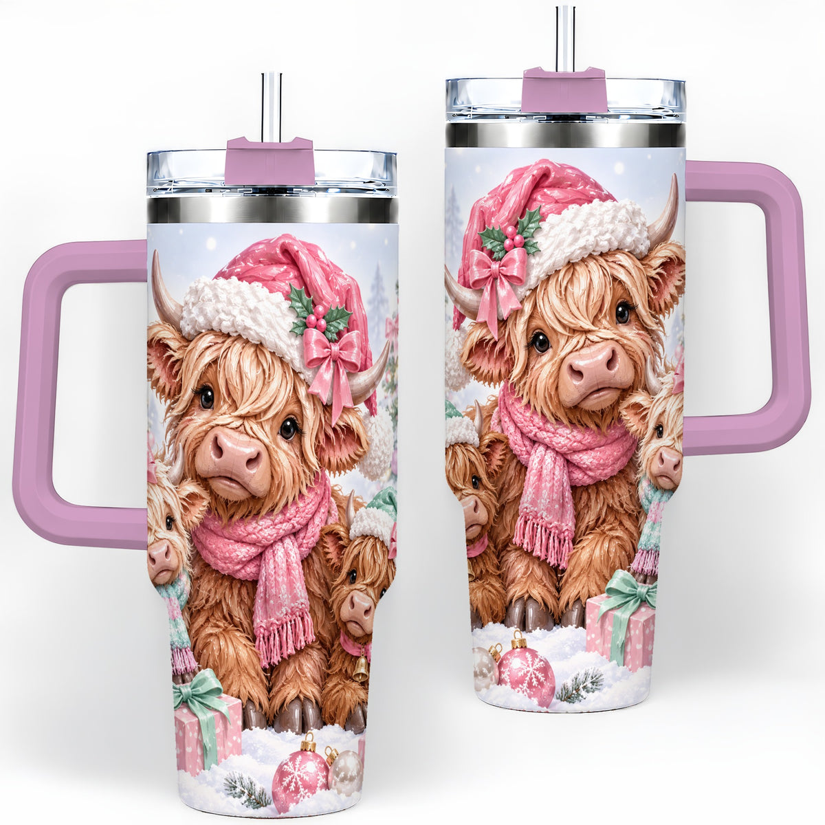 #pl[40oz|Pink] Highland Cow Christmas 40oz Stainless Steel Tumbler, Pink Artwork