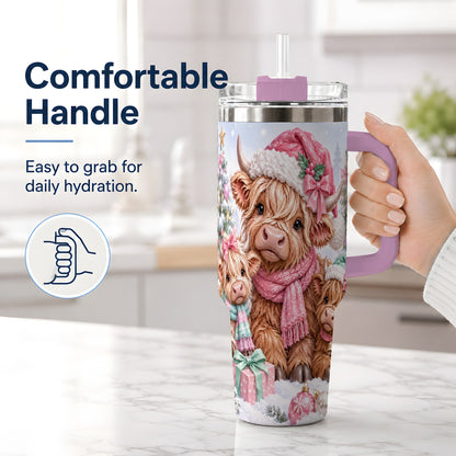#pl[40oz|Pink] Highland Cow Christmas 40oz Stainless Steel Tumbler, Pink Artwork