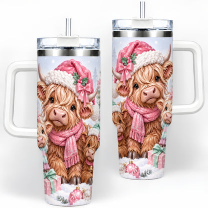 Highland Cow Christmas 40oz Stainless Steel Tumbler, Pink Artwork