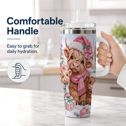 #pl[40oz|White] Highland Cow Christmas 40oz Stainless Steel Tumbler, Pink Artwork