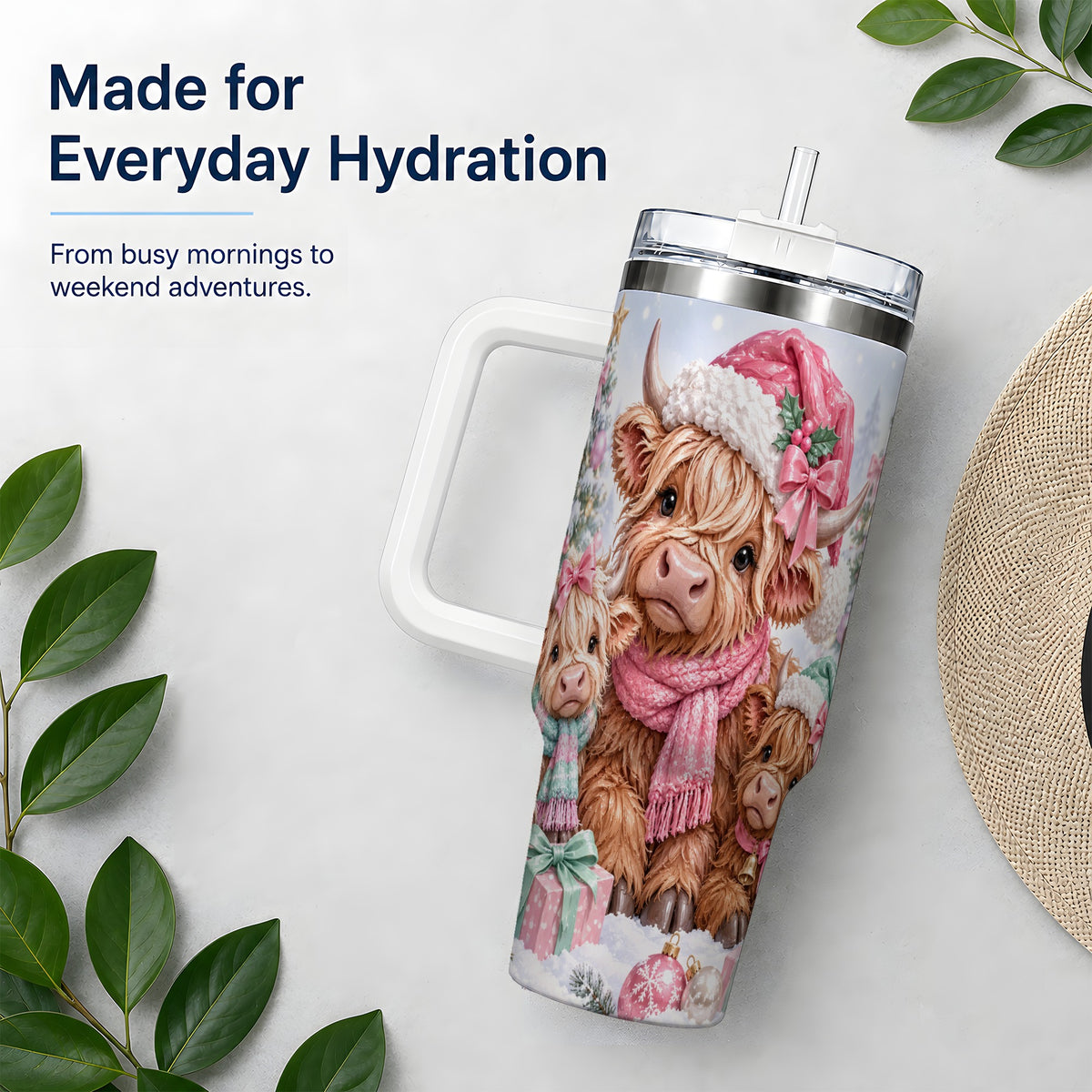 #pl[40oz|White] Highland Cow Christmas 40oz Stainless Steel Tumbler, Pink Artwork