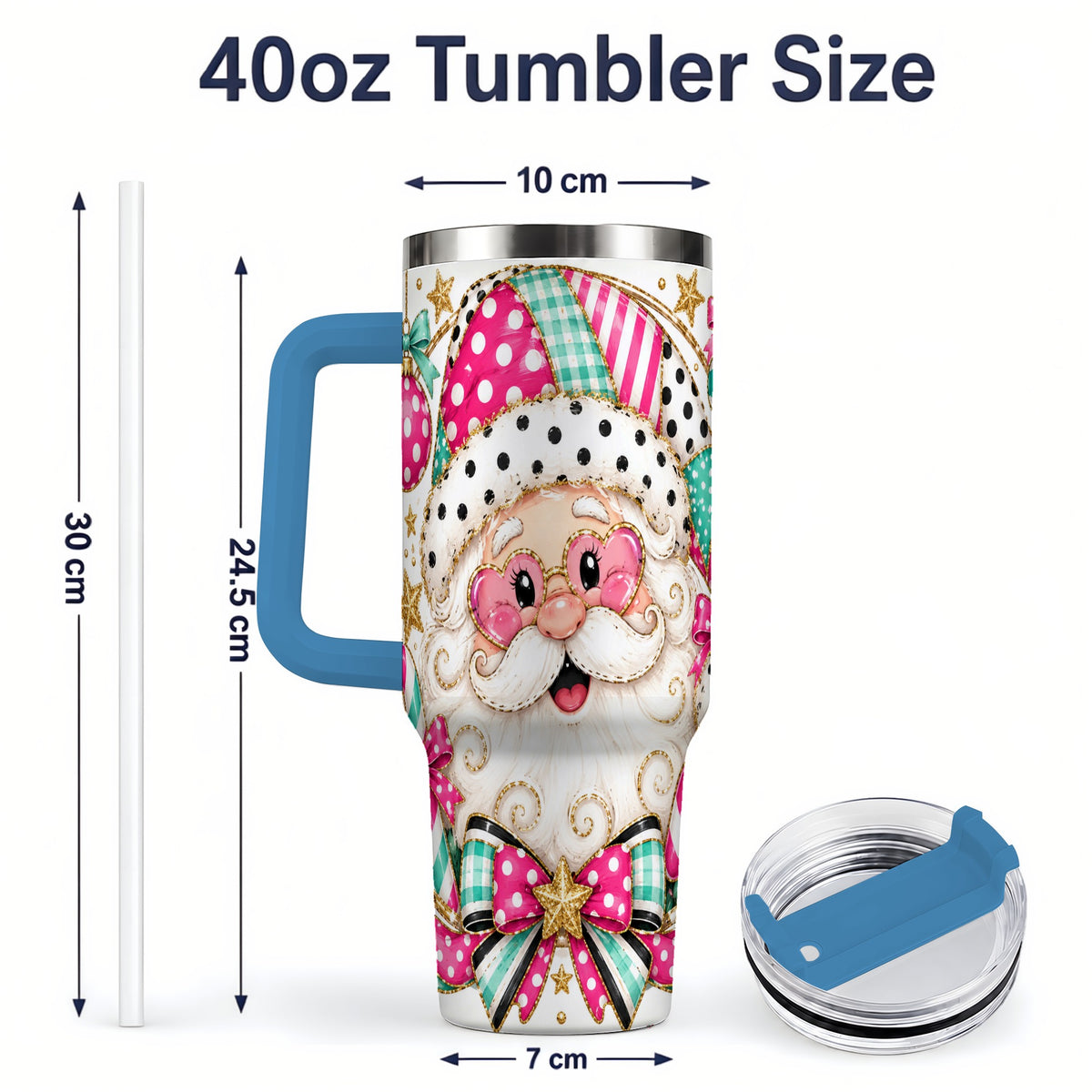 #pl[40oz|Blue] Patchwork Santa 40oz Stainless Steel Tumbler, Pink Teal Holiday Artwork