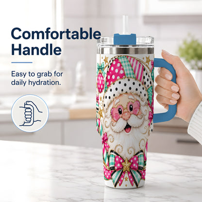 #pl[40oz|Blue] Patchwork Santa 40oz Stainless Steel Tumbler, Pink Teal Holiday Artwork