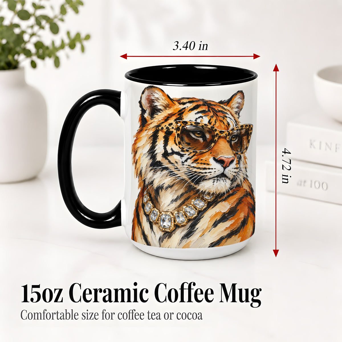 #pl[15oz|Black] Preppy Tiger Ceramic Mug, Leopard Glasses Wildlife Portrait Art
