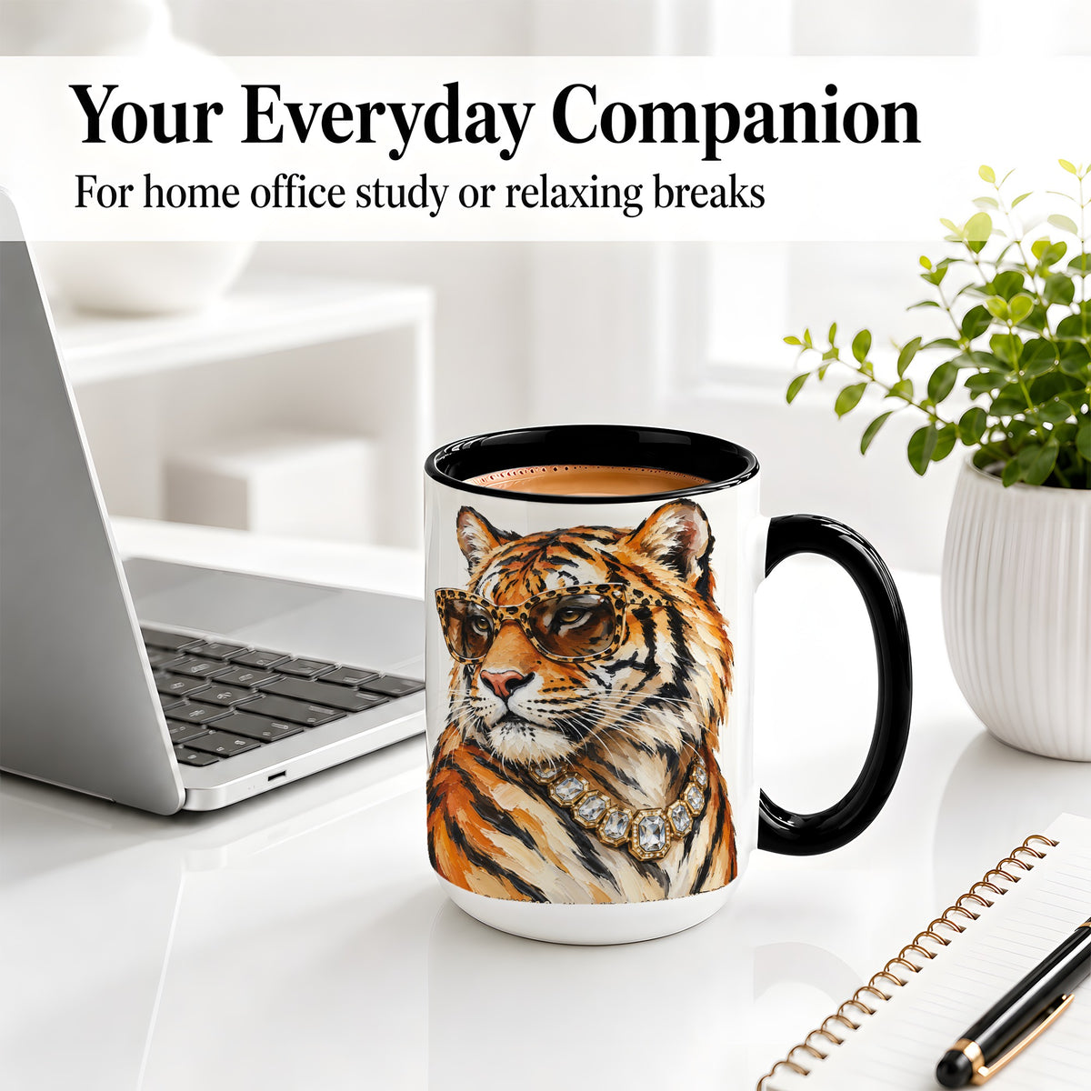 #pl[15oz|Black] Preppy Tiger Ceramic Mug, Leopard Glasses Wildlife Portrait Art