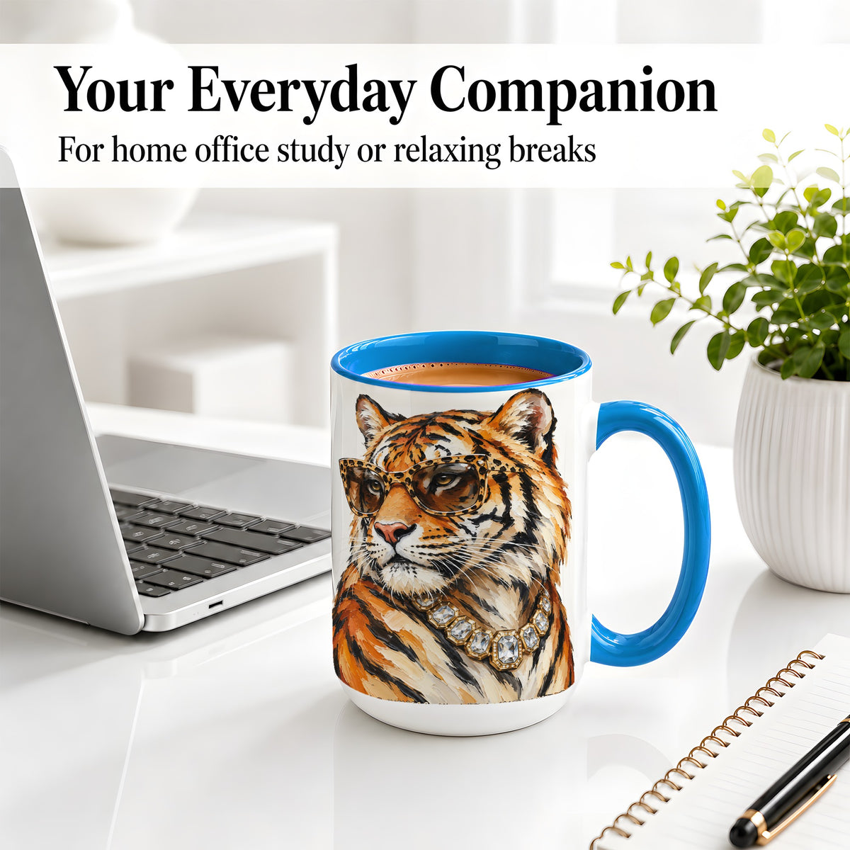 #pl[15oz|Blue] Preppy Tiger Ceramic Mug, Leopard Glasses Wildlife Portrait Art