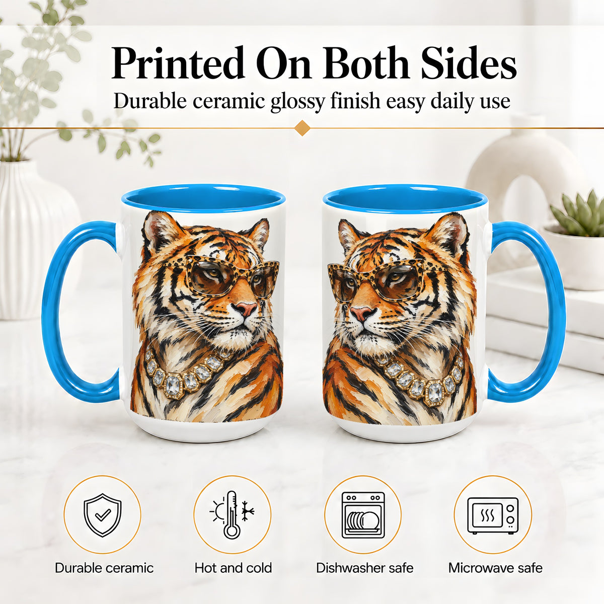 #pl[15oz|Blue] Preppy Tiger Ceramic Mug, Leopard Glasses Wildlife Portrait Art