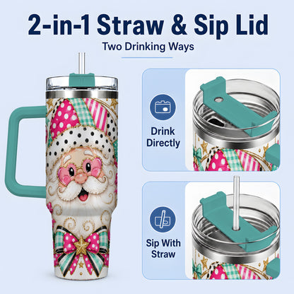 #pl[40oz|Green] Patchwork Santa 40oz Stainless Steel Tumbler, Pink Teal Holiday Artwork