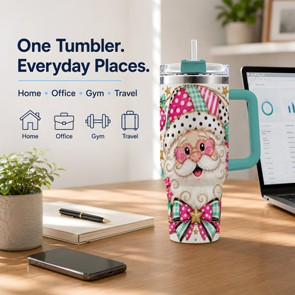 #pl[40oz|Green] Patchwork Santa 40oz Stainless Steel Tumbler, Pink Teal Holiday Artwork
