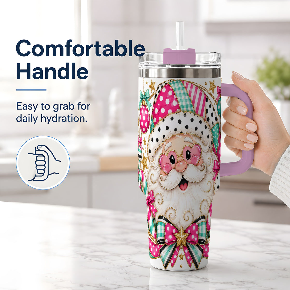 #pl[40oz|Pink] Patchwork Santa 40oz Stainless Steel Tumbler, Pink Teal Holiday Artwork