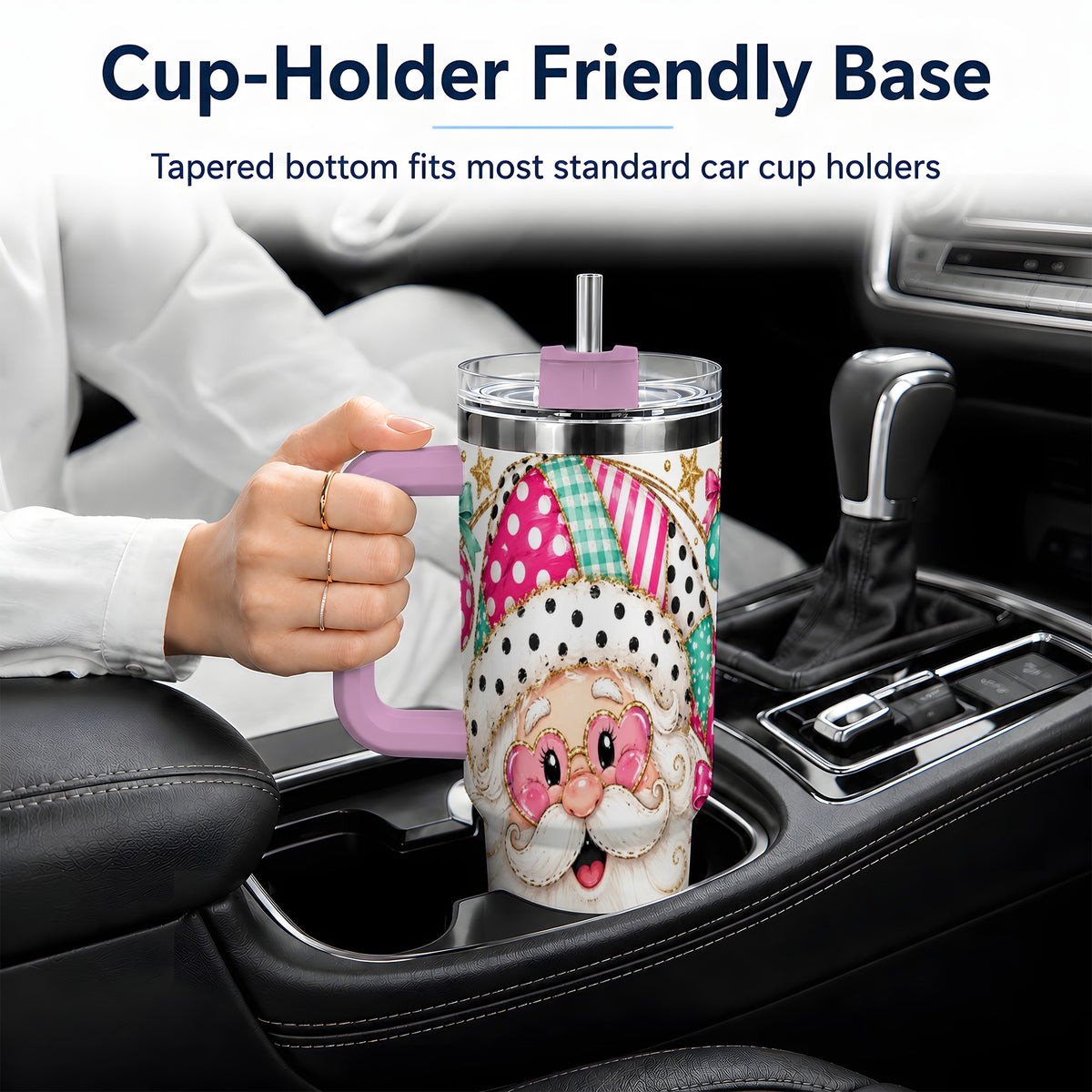 #pl[40oz|Pink] Patchwork Santa 40oz Stainless Steel Tumbler, Pink Teal Holiday Artwork