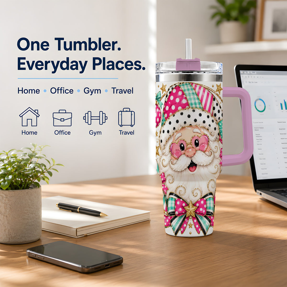 #pl[40oz|Pink] Patchwork Santa 40oz Stainless Steel Tumbler, Pink Teal Holiday Artwork