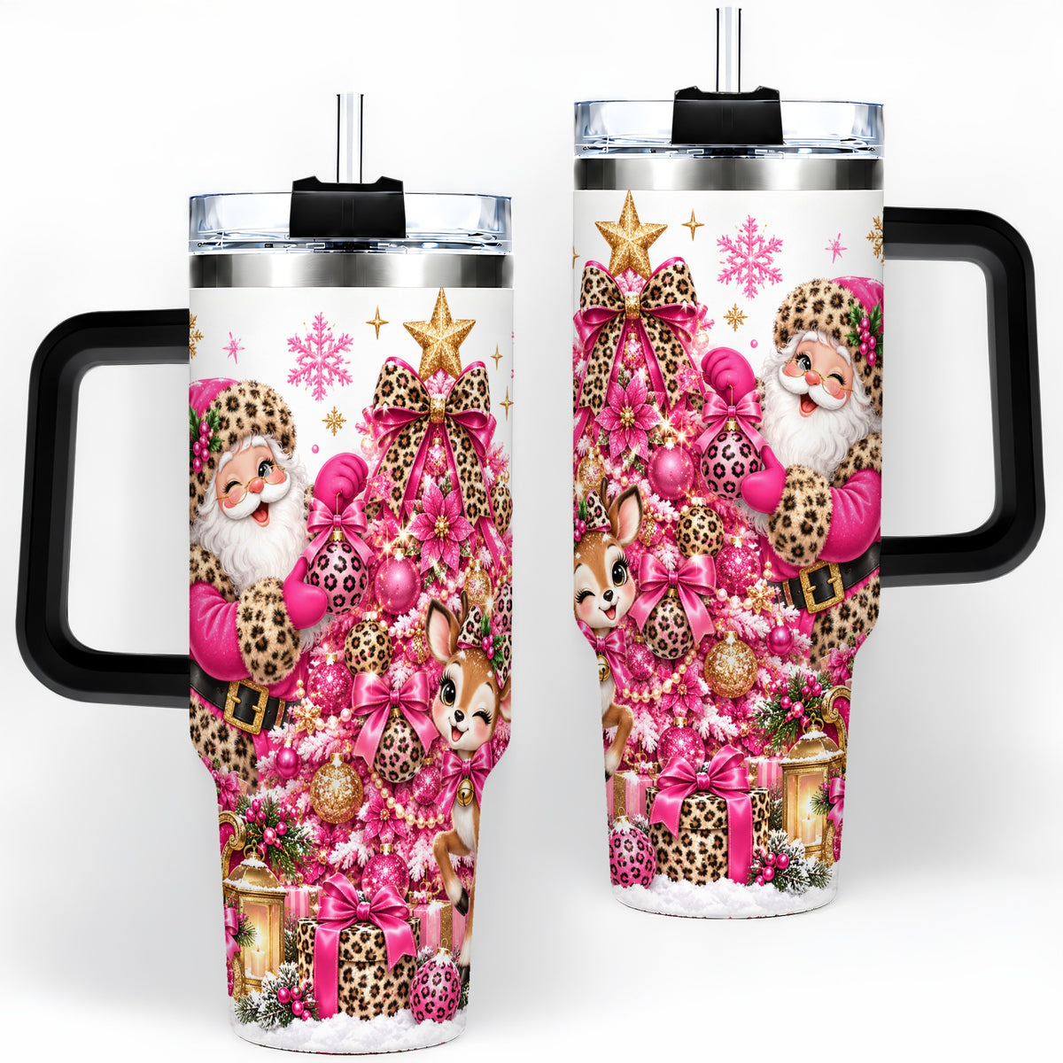 #pl[40oz|Black] Pink Leopard Santa 40oz Stainless Steel Tumbler, Reindeer Artwork