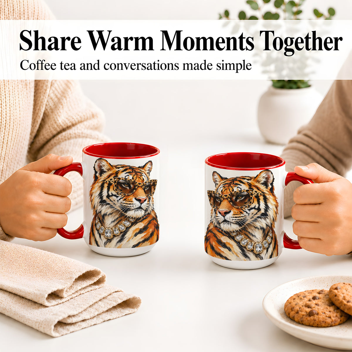 #pl[15oz|Red] Preppy Tiger Ceramic Mug, Leopard Glasses Wildlife Portrait Art