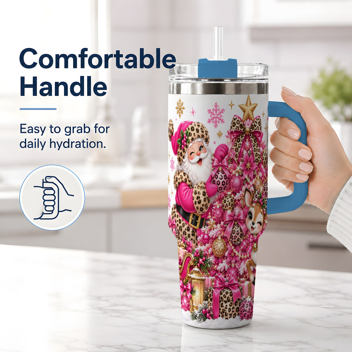 #pl[40oz|Blue] Pink Leopard Santa 40oz Stainless Steel Tumbler, Reindeer Artwork