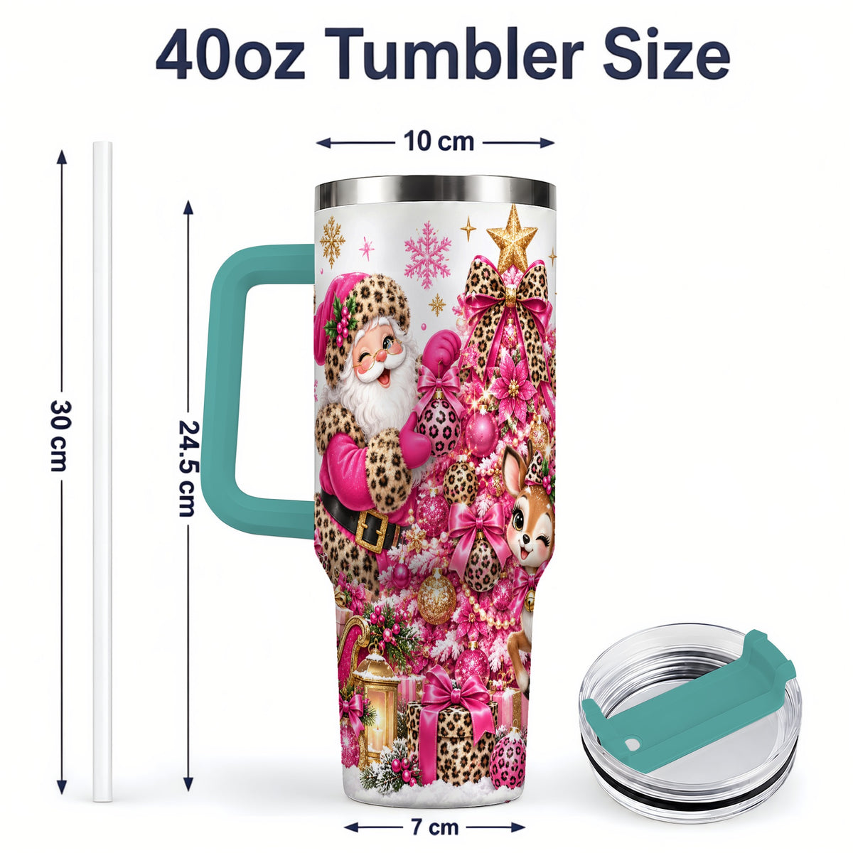 #pl[40oz|Green] Pink Leopard Santa 40oz Stainless Steel Tumbler, Reindeer Artwork