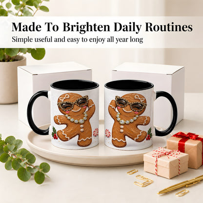 #pl[11oz|Black] Christmas Gingerbread Ceramic Mug, Leopard Glasses Holiday Art