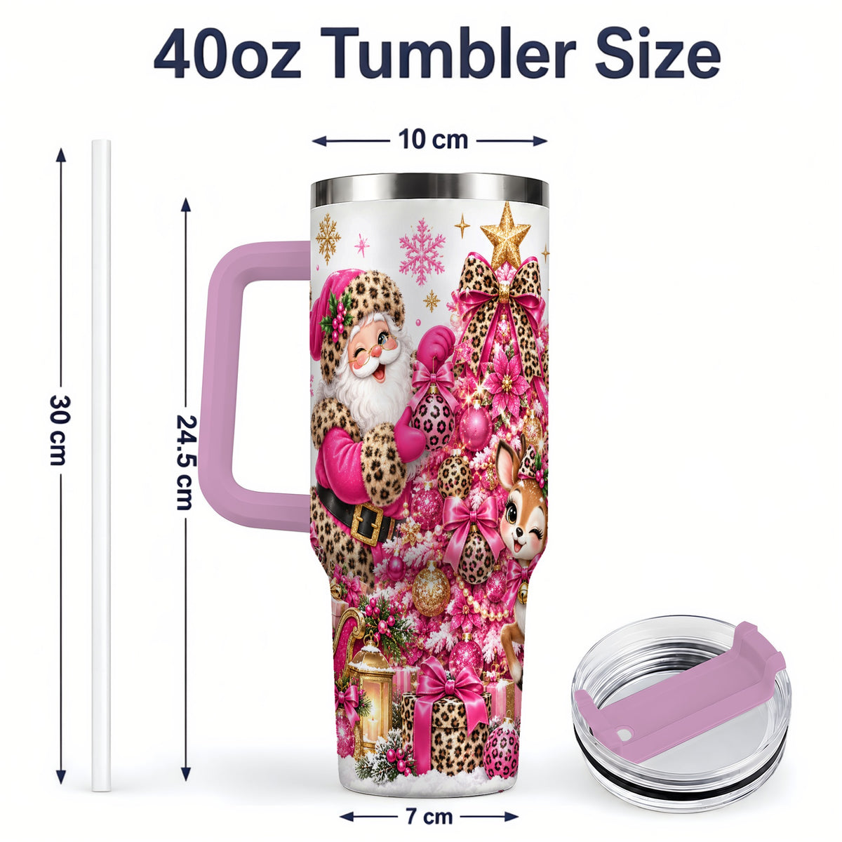 #pl[40oz|Pink] Pink Leopard Santa 40oz Stainless Steel Tumbler, Reindeer Artwork
