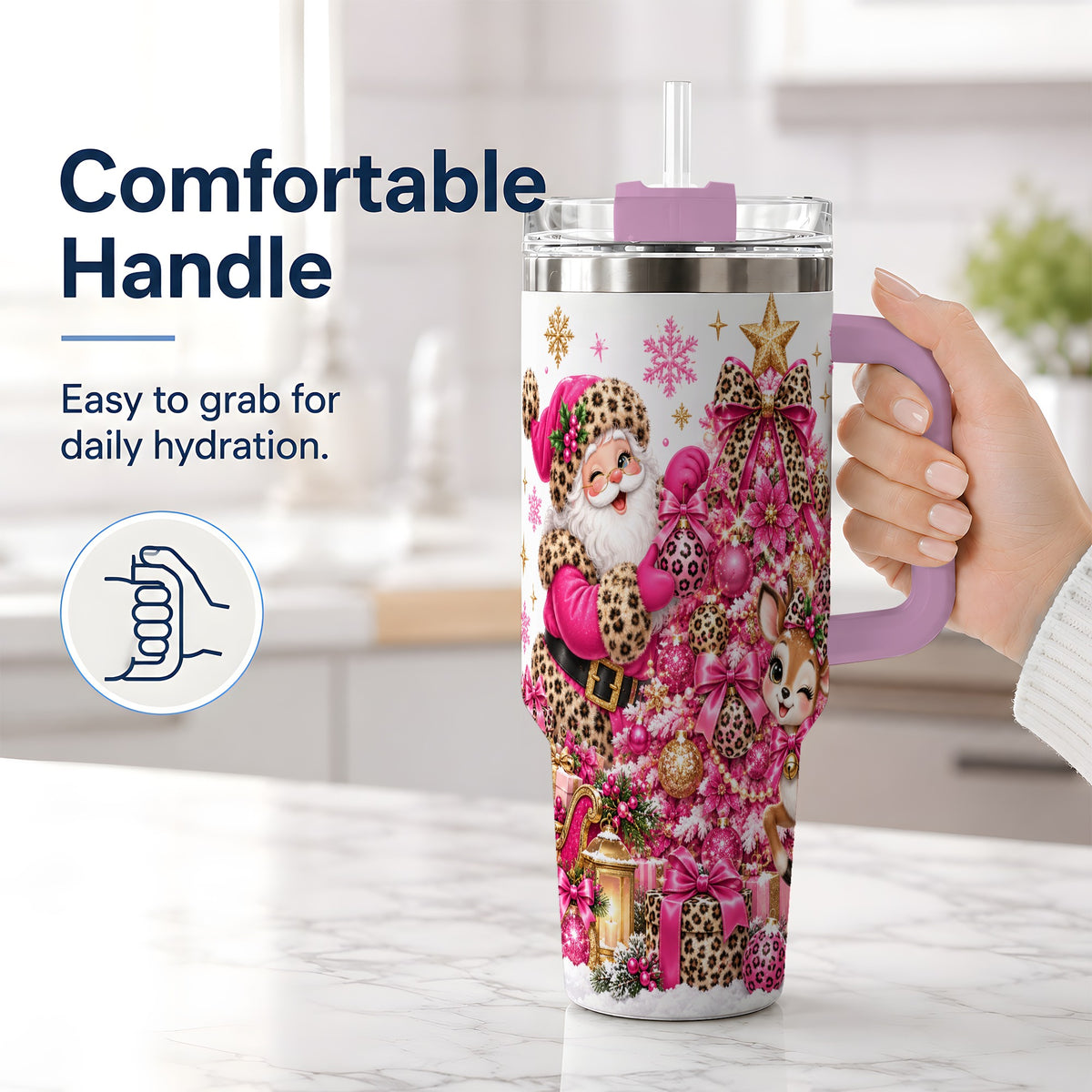 #pl[40oz|Pink] Pink Leopard Santa 40oz Stainless Steel Tumbler, Reindeer Artwork
