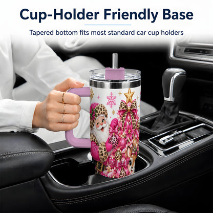 #pl[40oz|Pink] Pink Leopard Santa 40oz Stainless Steel Tumbler, Reindeer Artwork