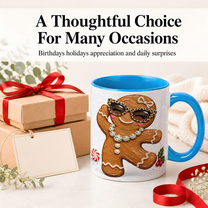 #pl[11oz|Blue] Christmas Gingerbread Ceramic Mug, Leopard Glasses Holiday Art