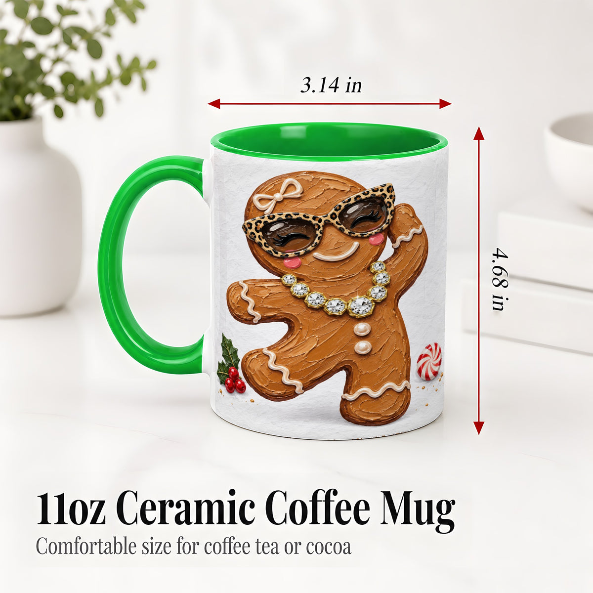 #pl[11oz|Green] Christmas Gingerbread Ceramic Mug, Leopard Glasses Holiday Art