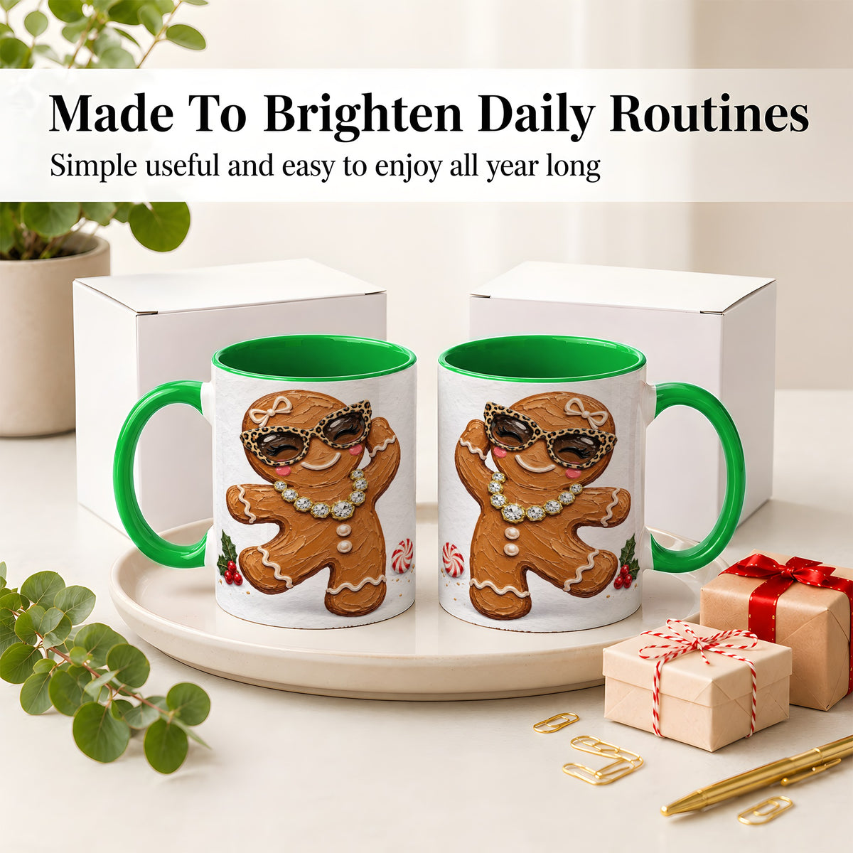 #pl[11oz|Green] Christmas Gingerbread Ceramic Mug, Leopard Glasses Holiday Art