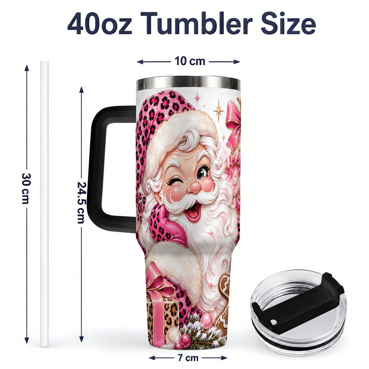 #pl[40oz|Black] Pink Leopard Santa 40oz Stainless Steel Tumbler, Gingerbread Artwork