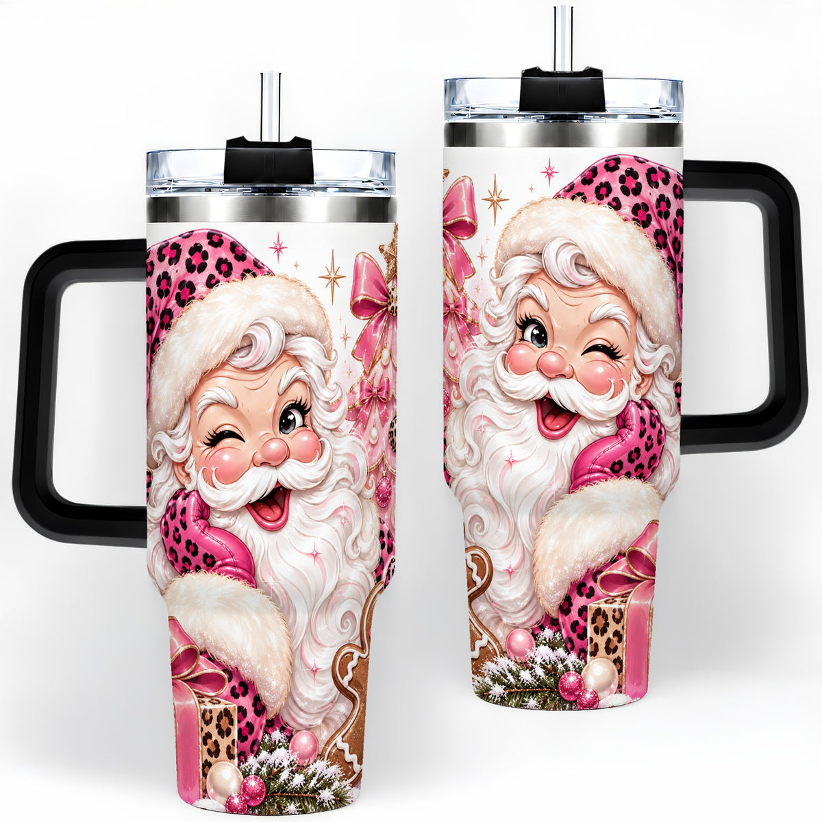 #pl[40oz|Black] Pink Leopard Santa 40oz Stainless Steel Tumbler, Gingerbread Artwork