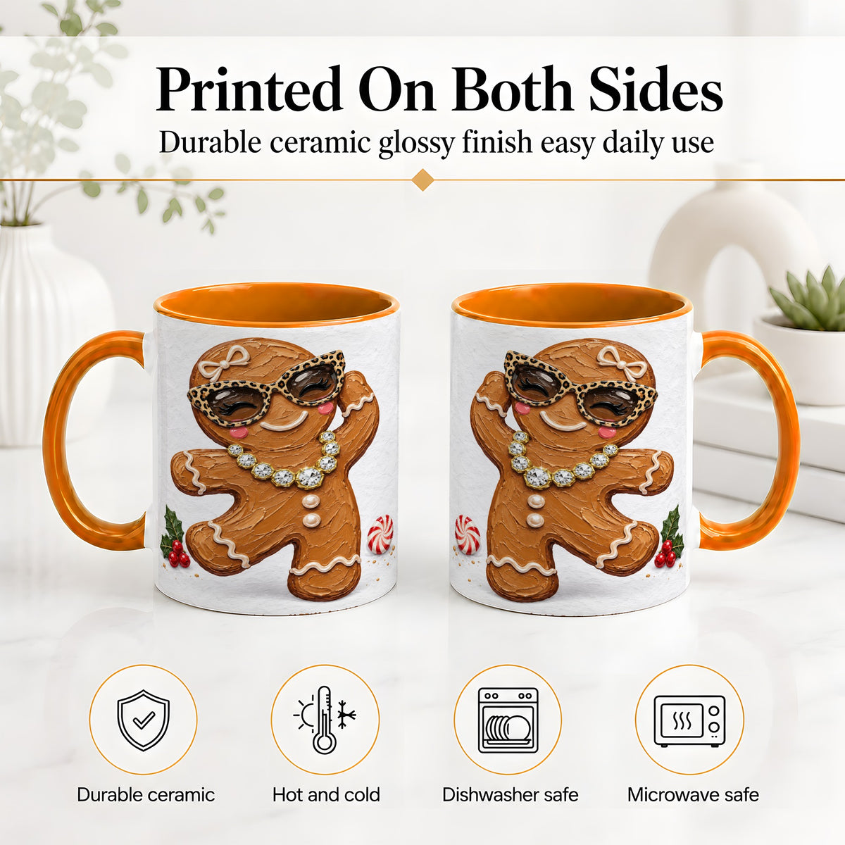 #pl[11oz|Orange] Christmas Gingerbread Ceramic Mug, Leopard Glasses Holiday Art